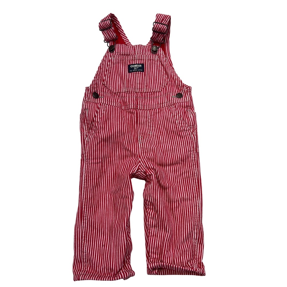 OshKosh B'gosh Overalls Kids 12m Red White Hickory Stripe Jersey Lined Dungarees
